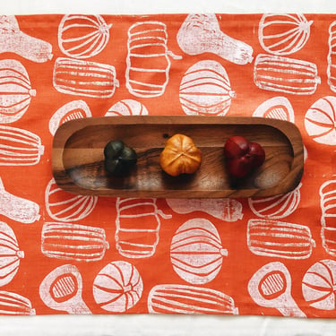 orange pumpkins. block printed linen table runner. entertaining. hostess gift. tablecloth. autumn. thanksgiving. halloween. boho. fall. 