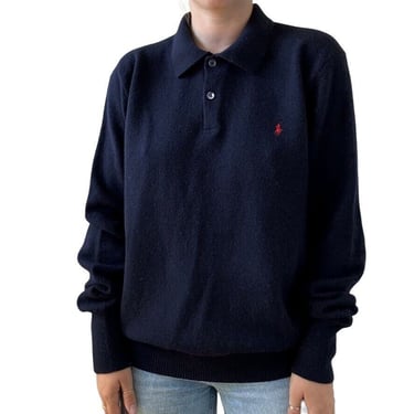 Vintage 1990s Polo Ralph Lauren 100% Lambswool Navy Blue Collared Preppy Sweater 