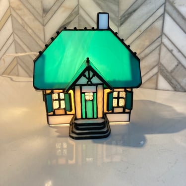 IOB Vintage Forum Vitrum Pastor's Place Stained Glass Lighted House, No. SH32A, 1993, 90s Glass Collectible, In Original Box 