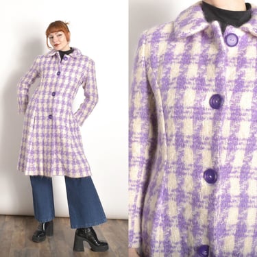 Vintage 1960s Coat / 60s Houndstooth Plaid Mohair Coat / Purple White ( S M ) 