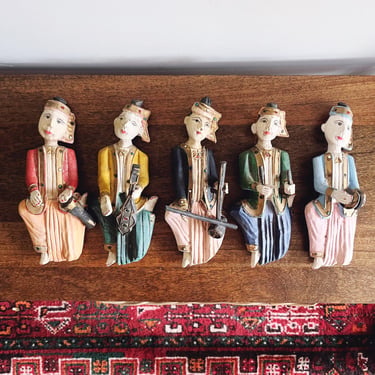 Vintage Thai Wooden Musician Wall Hanging Carved Figurines 