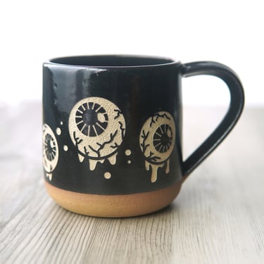 Eyeballs Mug - Creepy Halloween engraved rustic pottery with veiny, dripping eyes 