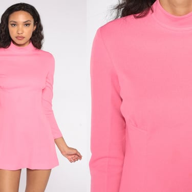 Mod Micro Mini Dress 60s Pink Shift Dress Mock Neck, Shop Exile