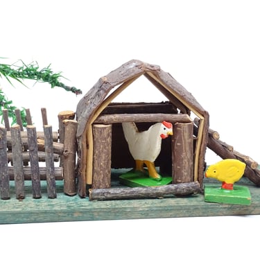 Antique German Twig Barn with Chick and Rooster, Hand Made  for Putz or Christmas Nativity Creche, Vintage Retro Toy 