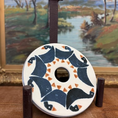 Free shipping within continental US - Vintage Signed Handmade Ceramic duck Art Decorative Ceramic Disc with Geometric Bird Design 