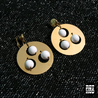 Space Age Vintage 60s 70s Gold Circle Clip-On Earrings with White Balls 