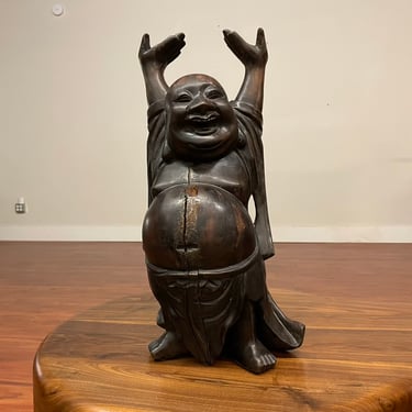 Hand-Carved Wood Laughing Buddha Sculpture