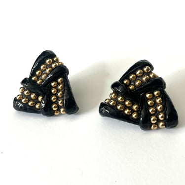 Vintage Triangle Earrings, Clip-On Earrings, Black and Gold Earrings, Large Earrings, Geometric Earrings, Vintage Jewelry, 80s Earrings 