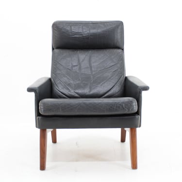 1970 Teak Leather High Back Armchair ,Denmark / Vintage Armchair / Black Colour / Mid-century / 