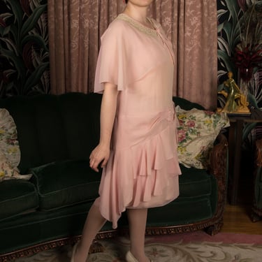 1920s Dress - Rosy Pink Silk 20s Day Dress with Ivory Lace Collar and Cuffs 