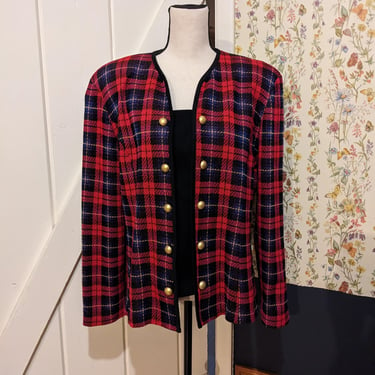 Vintage Red Blue and Black Plaid Leslie Fay Button Up Sweater with Modesty Panel 