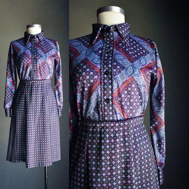 Vintage 1970s 2pc Matched Set / Vintage Skirt and Blouse with Belt / 1970s Outfit Medium / Abstract Print Blouse and Skirt / 70s 2pc Outfit 