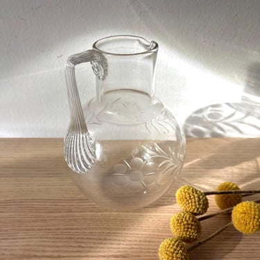 Vintage Clear Floral Etched Glass Pitcher Unique Ribbed Handle Design | Decanter Creamer Drink Serving | Retro Cafe Diner Syrup Cream Coffee 