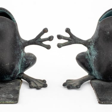 Verdigris Patinated Brass Frog Form Bookends, Pair