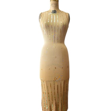 vintage 1990s ombre knit sequin dress, beige gold, lyndia procanik, size small, bodycon bandage, cocktail sheath, 90s fashion, y2k 