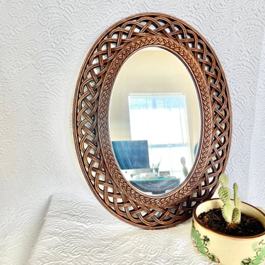 Large Oval Mirror, Boho Wall Decor, Faux Rattan Wicker Syroco, Vintage Dated 1978 