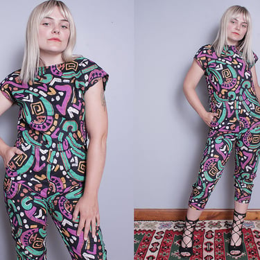 Vintage 1980's | Colorful | Abstract Patterned | New Wave | Playsuit | Cotton | Jumpsuit | S/M 