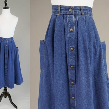 80s Pleated Midi Jean Skirt - 26 waist - Big Patch Pockets - Blue Denim - Snaps Down Front - Sunset Blues - Vintage 1980s - S 27
