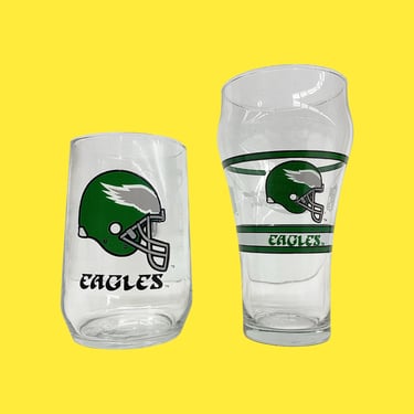 Vintage Philadelphia Eagles Glasses Retro 1980s Philly + Kelly Green + Glass + Set of 2 + NFL Sports + Football Memorabilia + Drinking + Bar 