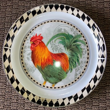French Coq Rooster Royale Large Round Enamelware Serving Metal Tray~ black white checked rim & Bright Orange  by Artist Rebecca Baer 