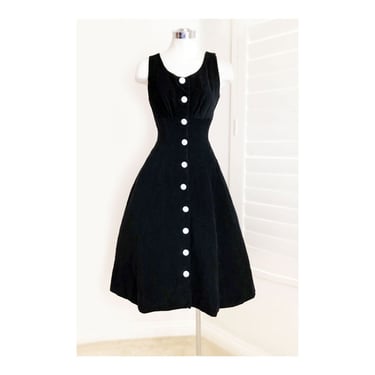 1950's Black Corduroy Fit & Flare VINTAGE DRESS, Full Skirt Rockabilly Dress, Cotton 