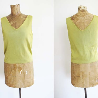 Vintage 2000s Lime Green Stretchy V Neck Top S - Y2K Knitted Spandex Shirt 