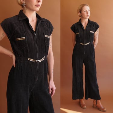 Vintage 70s Black Corduroy Wide Leg Jumpsuit/ 1970s Coveralls/ Petite XS 