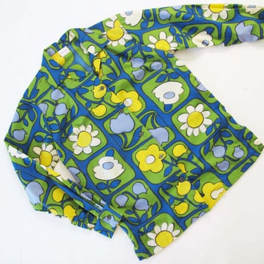 Vintage 60s Floral Button Up M - 1960s Daisy Tulip Flower Print Green Yellow Collared Mod Long Sleeve 