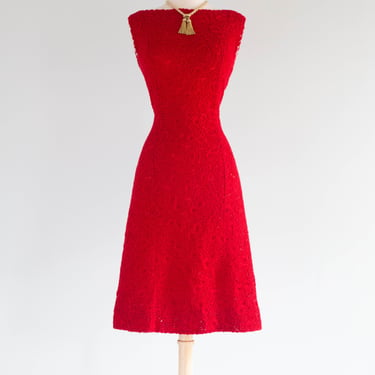 Stunning 1960's Crimson Red Wool Soutache Shift Dress From Vienna / Medium