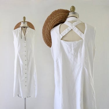 blanco linen button dress - m - vintage womens 90s y2k white minimal comfortable sleeveless summer midi long sun summer dress 
