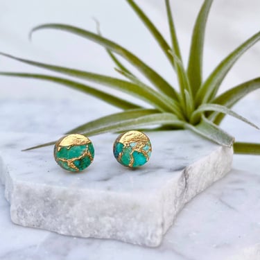 Raw Turquoise Circle Stud Earrings