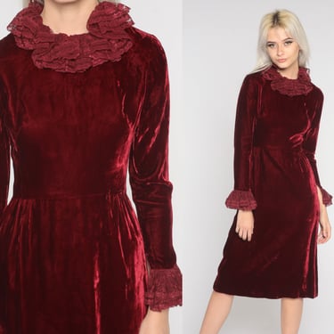 Velvet LACE Dress 60s Mod Dark Red Party Dress 1960s Gothic Dress Ruffle Vintage Long sleeve Pencil Cocktail Dress Formal Extra Small xs 