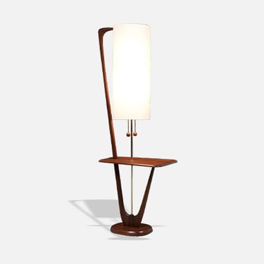 Mid-Century Modern Sculpted Walnut & Brass Floor Lamp with Accent Side Table