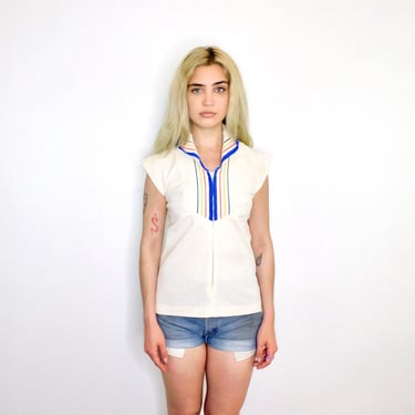 Three's Company Blouse // vintage cotton boho tank shirt ivory rainbow hippie Mexican dress hippy dress off white // XS/S 