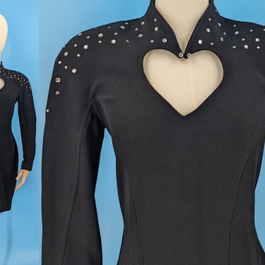 Vintage 80s Cache Black Rhinestone Long Sleeve Bodycon Mini Dress with Heart Cut Out Neckline Medium 