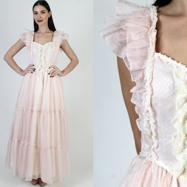 Pink Gunne Sax Bridal Dress, Jessica McClintock Swiss Dot Gown, Womens Full Skirt Victorian Maxi 