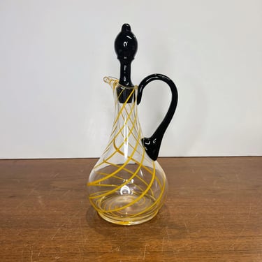 Vintage Art Glass Cruet Art Deco MCM Black Glass Orange Yellow Swirl Abstract 