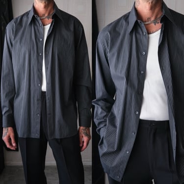 Vintage Y2K GIORGIO ARMANI COLLEZIONI Black & Ivory Vertical Stripe Dress Shirt | 100% Cotton | 1990s 2000s Armani Designer Mens Shirt 
