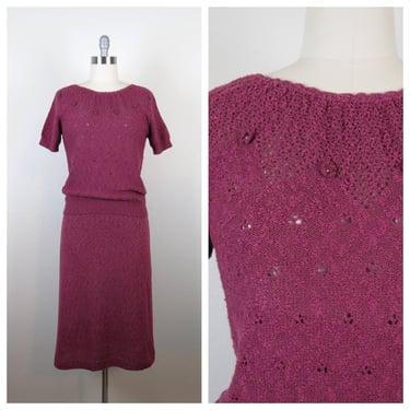 Vintage 1980s knit dress set skirt and top beaded crochet LeRoy 