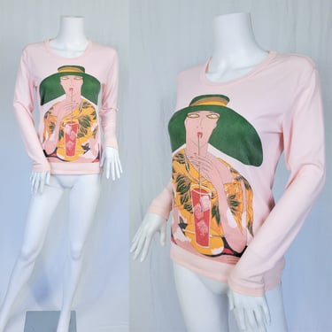 1970's Pale Pink Blush Art Deco Lady Screenprint L/S Top I Shirt I Tee I T Shirt I Sz Med I Fashion Knits 
