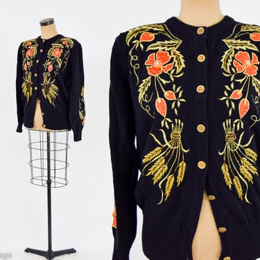 1980s Black Gold Embellished Cardigan | 80s Black & Orange Flowered Cardigan |  Christine | Large 