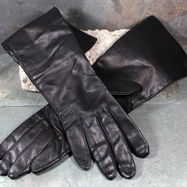 Vintage Leather Long Black Gloves | Lined with Rayon | Made in Japan | Thin Leather Gloves | Bixley Shop 