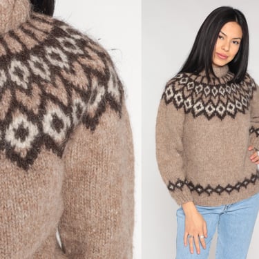 Brown Wool Icelandic Sweater 80s Pullover Knit Sweater Fair Isle Geometric Diamond Print Turtleneck Neutral Vintage 1980s Extra Small xs 