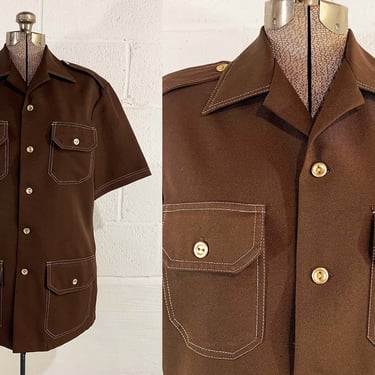 Vintage Brown Shirt Heavyweight Button Front Collared Short Sleeve Top Collar XL 1970s 