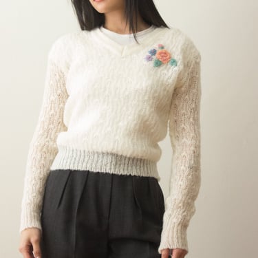 1970s Floral Embroidred Crochet Sweater 
