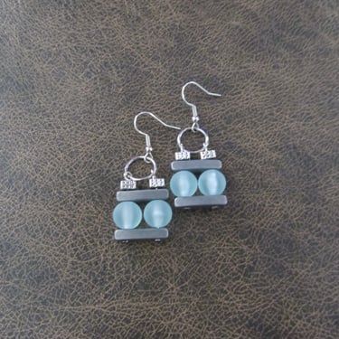Mid century modern earrings, Brutalist earrings, minimalist earrings, ice blue unique artisan earrings, frosted sea glass earring, pewter 