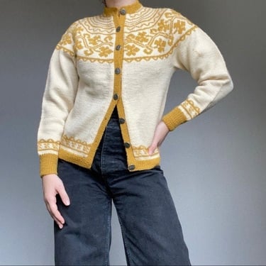 Vintage 60s Women’s Wool Hand Knit Norwegian Fair Isle Yellow White Cardigan S 