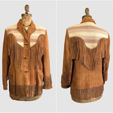 FRINGE FESTIVAL Vintage 70s Pioneer Wear Suede Fringe Jacket • 1970s Western Cowgirl Coat • Southwestern Blanket Tapestry Boho • Med Large 