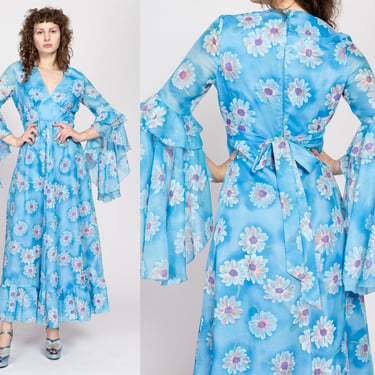 Medium 70s Boho Blue Daisy Floral Angel Sleeve Maxi Dress | Vintage Bohemian A Line Empire Waist Prairie Hippie Gown 