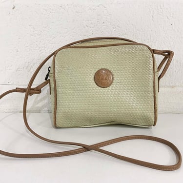 Vintage Liz Claiborne Crossbody Purse 1983 Genuine Leather Trim Bag Adjustable Strap Mini Handbag Beige Tan Made in Korea 1980s 